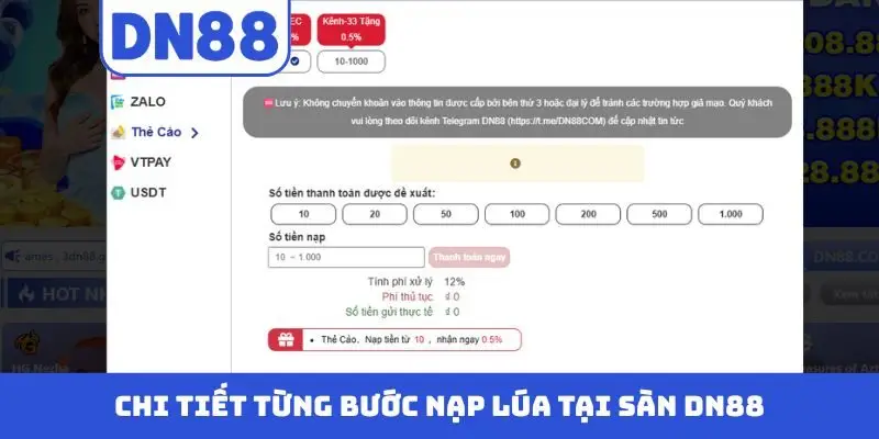 Chi tiết từng bước nạp lúa tại sàn DN88