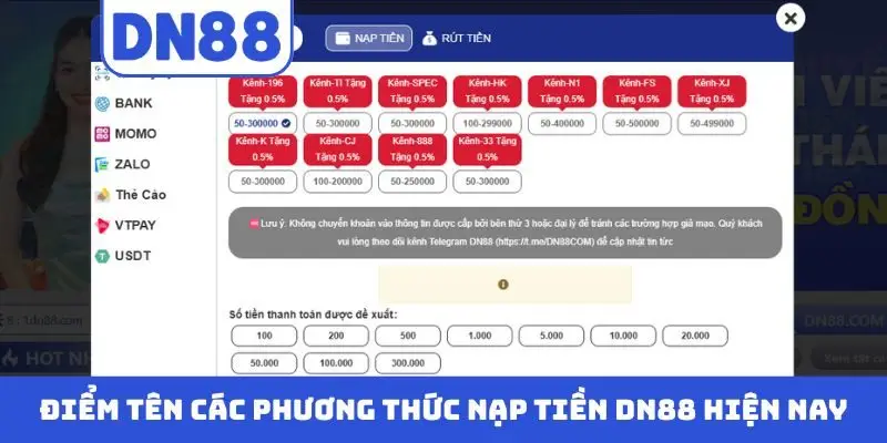 Điểm tên các phương thức nạp tiền DN88 hiện nay